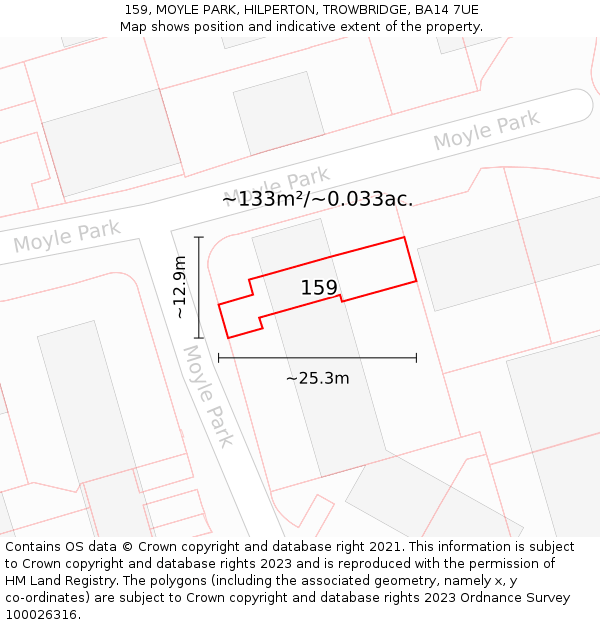 159, MOYLE PARK, HILPERTON, TROWBRIDGE, BA14 7UE: Plot and title map