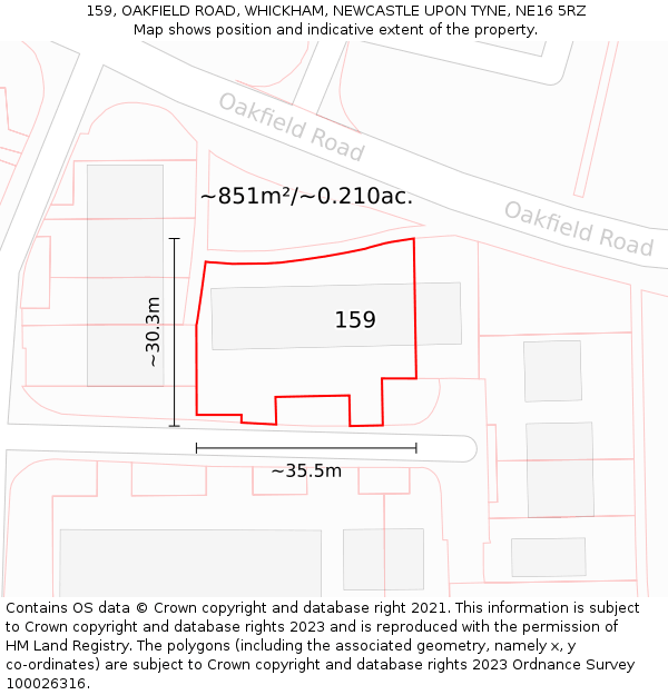 159, OAKFIELD ROAD, WHICKHAM, NEWCASTLE UPON TYNE, NE16 5RZ: Plot and title map