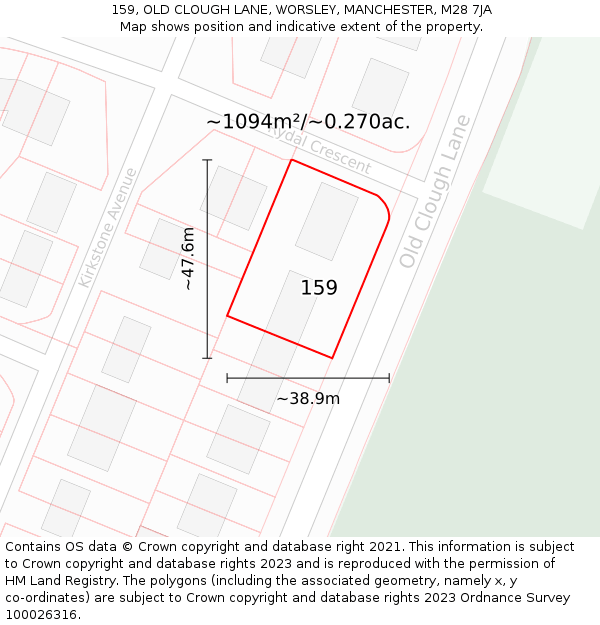 159, OLD CLOUGH LANE, WORSLEY, MANCHESTER, M28 7JA: Plot and title map