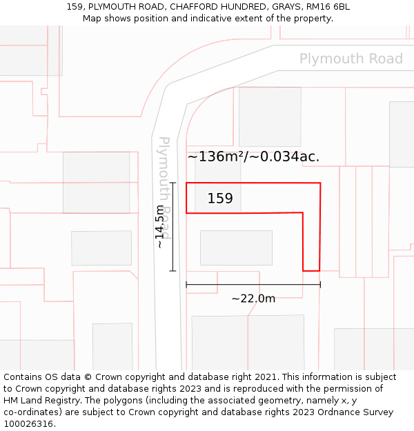 159, PLYMOUTH ROAD, CHAFFORD HUNDRED, GRAYS, RM16 6BL: Plot and title map