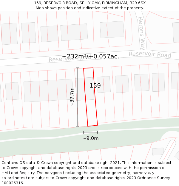 159, RESERVOIR ROAD, SELLY OAK, BIRMINGHAM, B29 6SX: Plot and title map