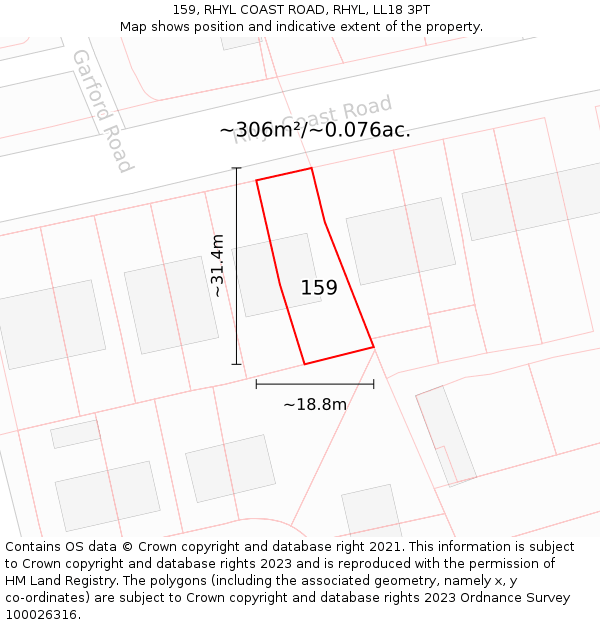 159, RHYL COAST ROAD, RHYL, LL18 3PT: Plot and title map