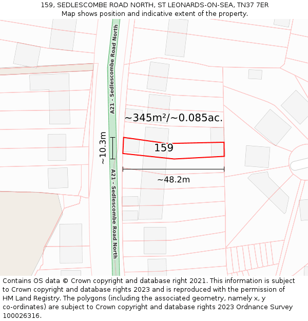 159, SEDLESCOMBE ROAD NORTH, ST LEONARDS-ON-SEA, TN37 7ER: Plot and title map