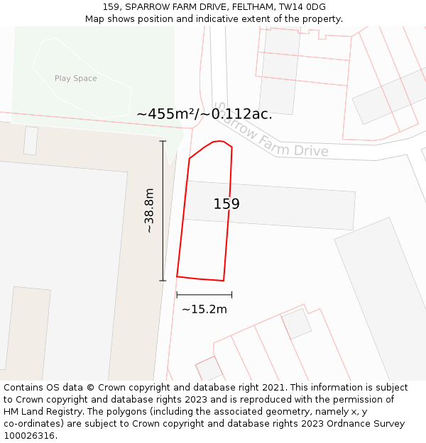 159, SPARROW FARM DRIVE, FELTHAM, TW14 0DG: Plot and title map