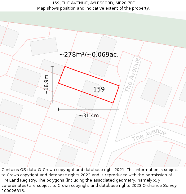 159, THE AVENUE, AYLESFORD, ME20 7RF: Plot and title map