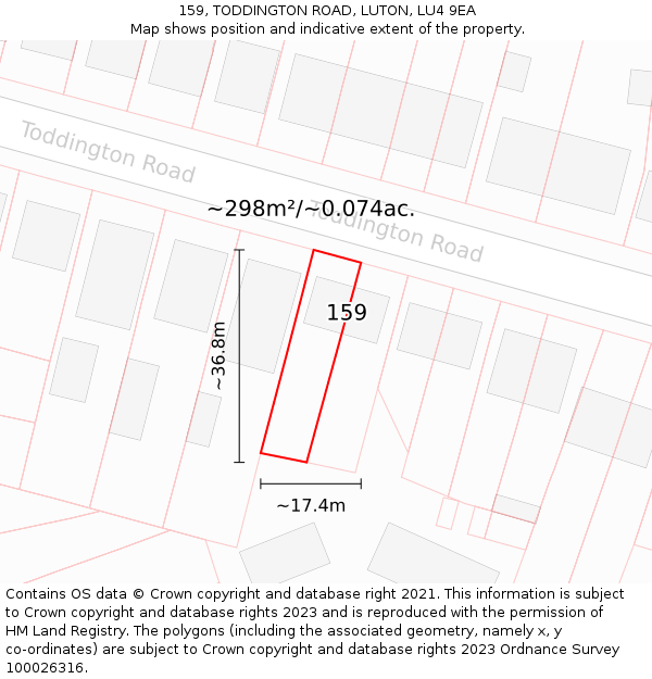 159, TODDINGTON ROAD, LUTON, LU4 9EA: Plot and title map