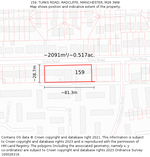 159, TURKS ROAD, RADCLIFFE, MANCHESTER, M26 3WW: Plot and title map