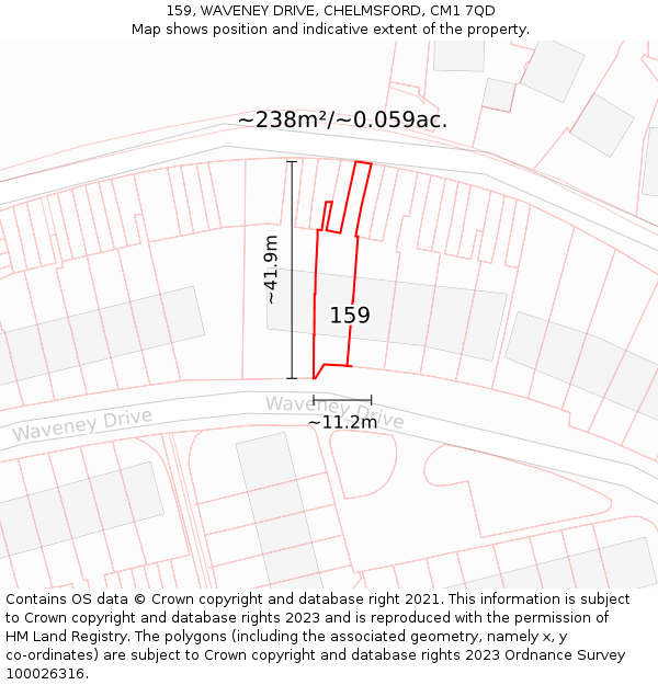 159, WAVENEY DRIVE, CHELMSFORD, CM1 7QD: Plot and title map