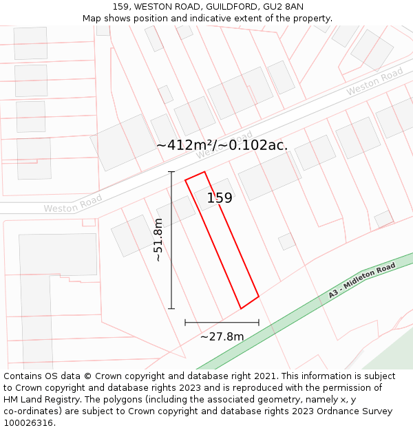 159, WESTON ROAD, GUILDFORD, GU2 8AN: Plot and title map