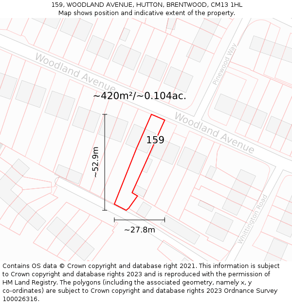 159, WOODLAND AVENUE, HUTTON, BRENTWOOD, CM13 1HL: Plot and title map