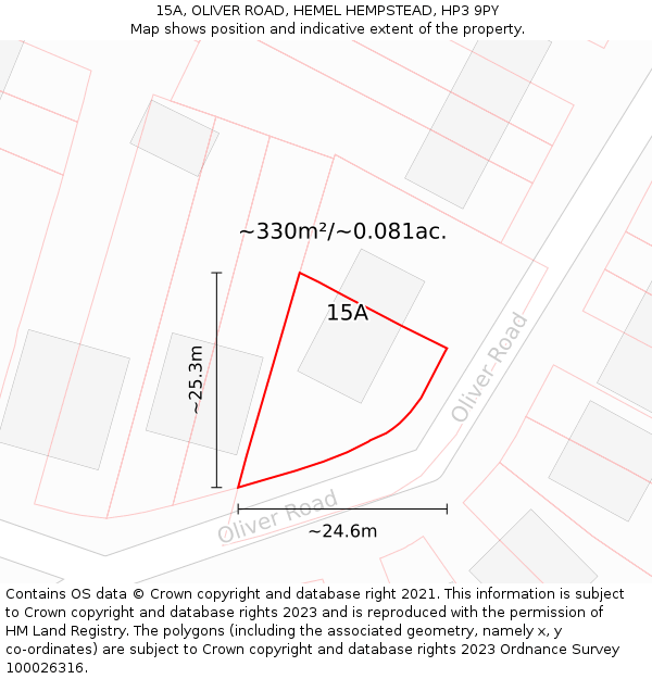 15A, OLIVER ROAD, HEMEL HEMPSTEAD, HP3 9PY: Plot and title map