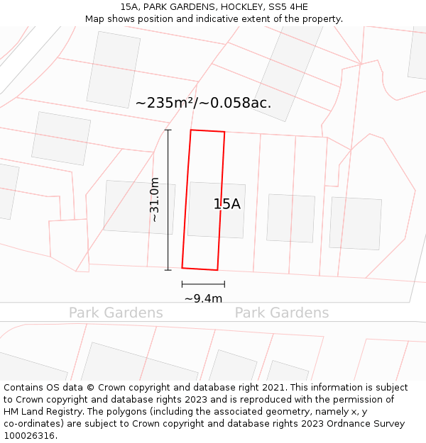 15A, PARK GARDENS, HOCKLEY, SS5 4HE: Plot and title map