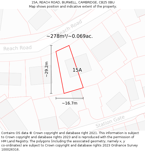 15A, REACH ROAD, BURWELL, CAMBRIDGE, CB25 0BU: Plot and title map