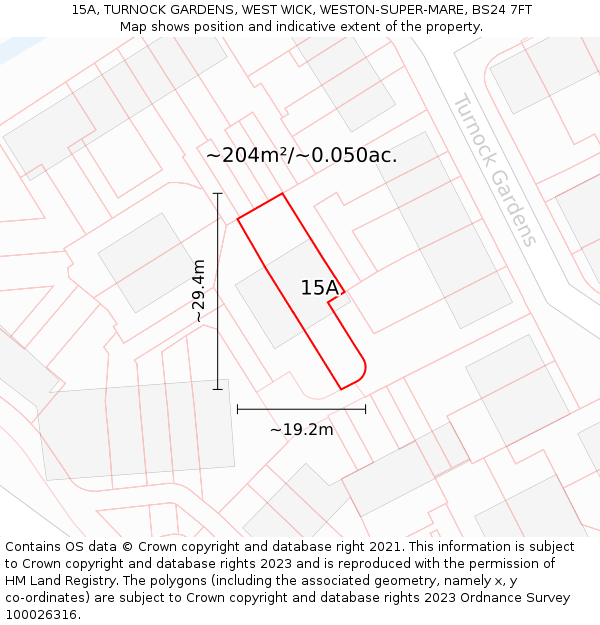 15A, TURNOCK GARDENS, WEST WICK, WESTON-SUPER-MARE, BS24 7FT: Plot and title map