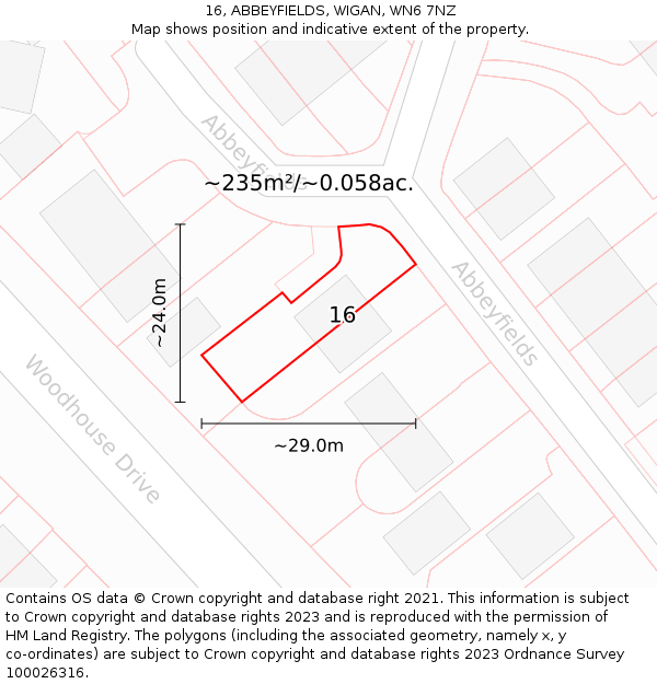 16, ABBEYFIELDS, WIGAN, WN6 7NZ: Plot and title map