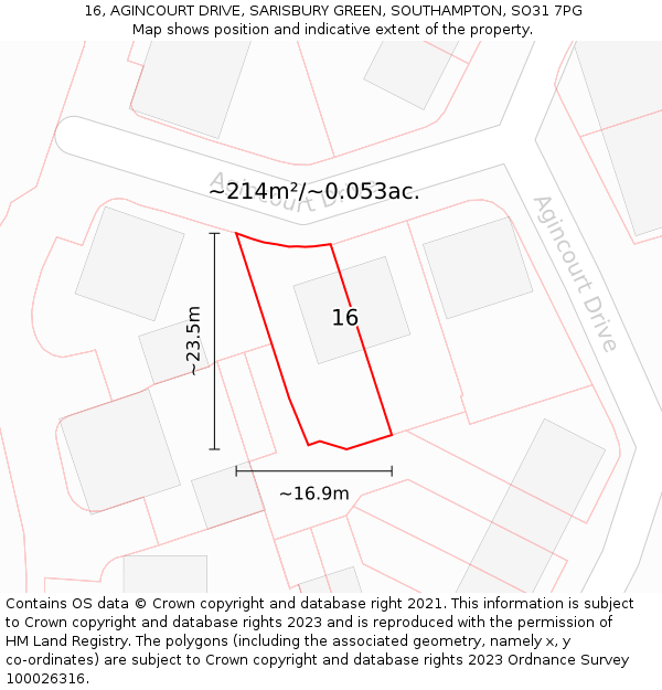 16, AGINCOURT DRIVE, SARISBURY GREEN, SOUTHAMPTON, SO31 7PG: Plot and title map