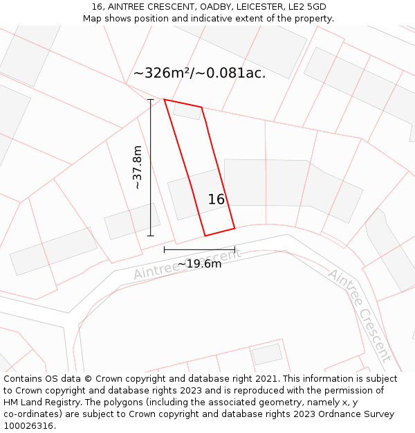 16, AINTREE CRESCENT, OADBY, LEICESTER, LE2 5GD: Plot and title map