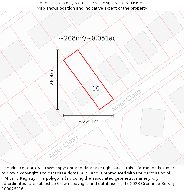 16, ALDER CLOSE, NORTH HYKEHAM, LINCOLN, LN6 8LU: Plot and title map
