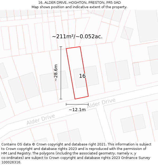 16, ALDER DRIVE, HOGHTON, PRESTON, PR5 0AD: Plot and title map