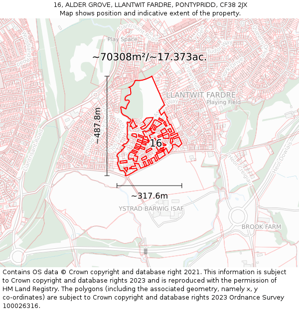 16, ALDER GROVE, LLANTWIT FARDRE, PONTYPRIDD, CF38 2JX: Plot and title map