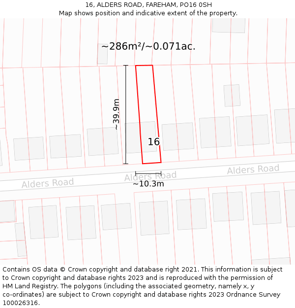 16, ALDERS ROAD, FAREHAM, PO16 0SH: Plot and title map