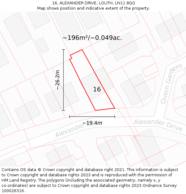 16, ALEXANDER DRIVE, LOUTH, LN11 8QG: Plot and title map