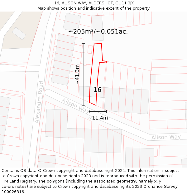 16, ALISON WAY, ALDERSHOT, GU11 3JX: Plot and title map