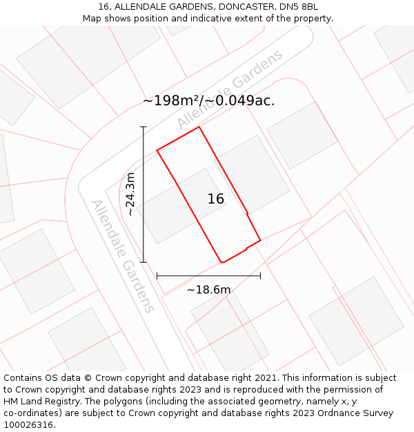 16, ALLENDALE GARDENS, DONCASTER, DN5 8BL: Plot and title map