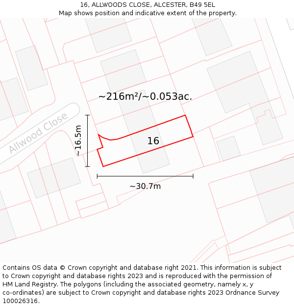 16, ALLWOODS CLOSE, ALCESTER, B49 5EL: Plot and title map