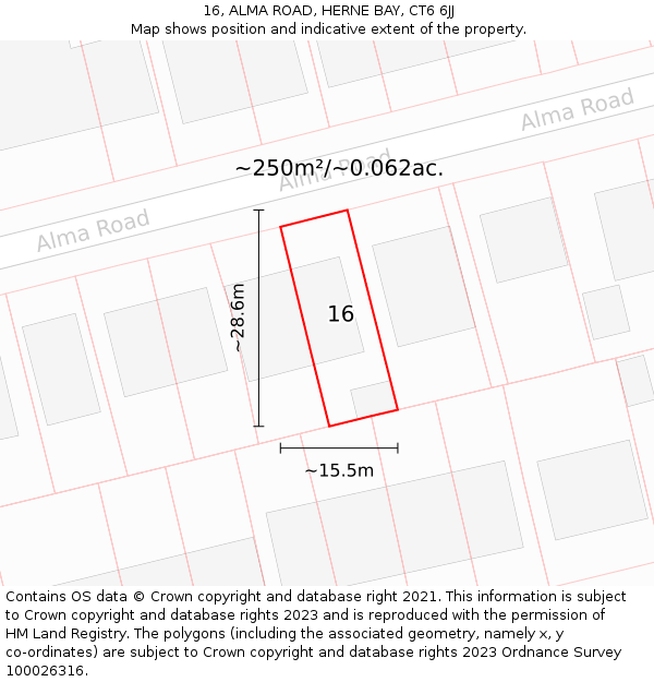 16, ALMA ROAD, HERNE BAY, CT6 6JJ: Plot and title map