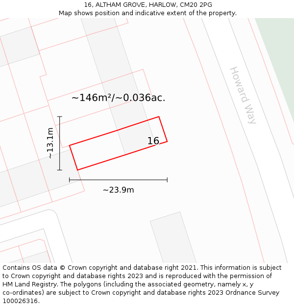 16, ALTHAM GROVE, HARLOW, CM20 2PG: Plot and title map