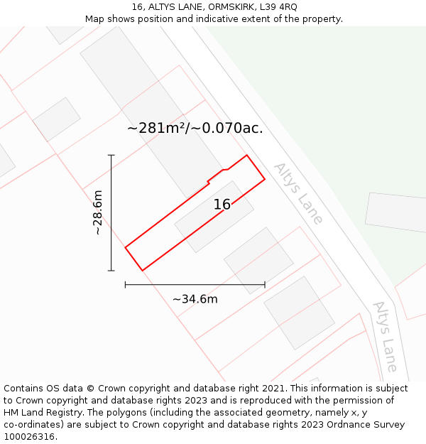 16, ALTYS LANE, ORMSKIRK, L39 4RQ: Plot and title map