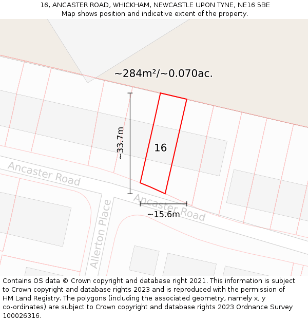 16, ANCASTER ROAD, WHICKHAM, NEWCASTLE UPON TYNE, NE16 5BE: Plot and title map