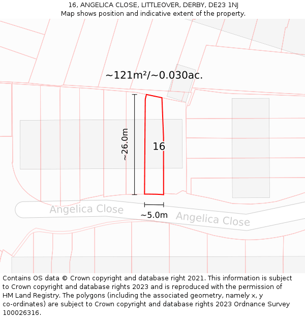 16, ANGELICA CLOSE, LITTLEOVER, DERBY, DE23 1NJ: Plot and title map