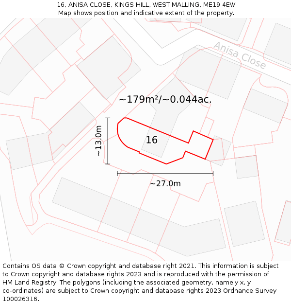 16, ANISA CLOSE, KINGS HILL, WEST MALLING, ME19 4EW: Plot and title map