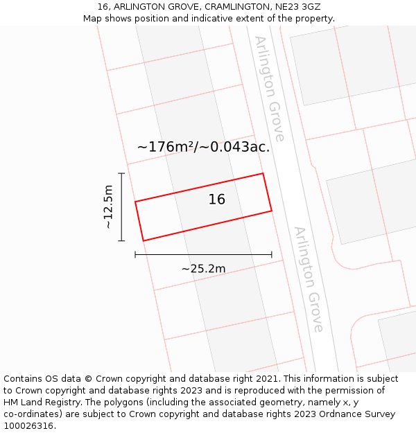 16, ARLINGTON GROVE, CRAMLINGTON, NE23 3GZ: Plot and title map