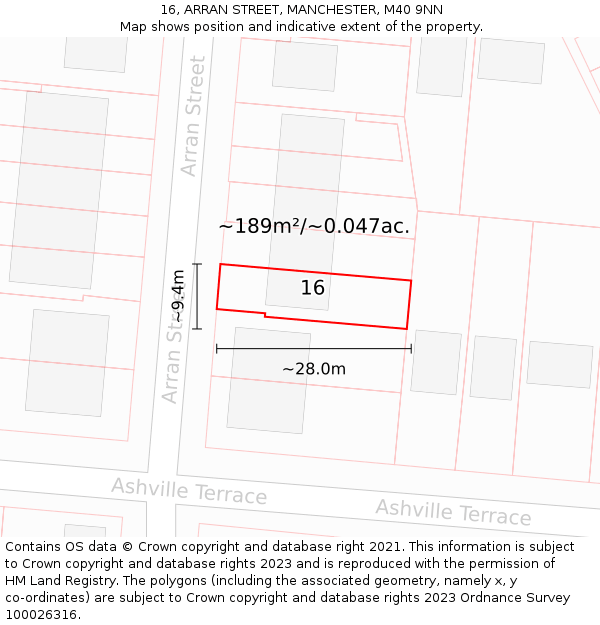 16, ARRAN STREET, MANCHESTER, M40 9NN: Plot and title map