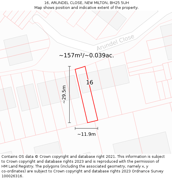16, ARUNDEL CLOSE, NEW MILTON, BH25 5UH: Plot and title map