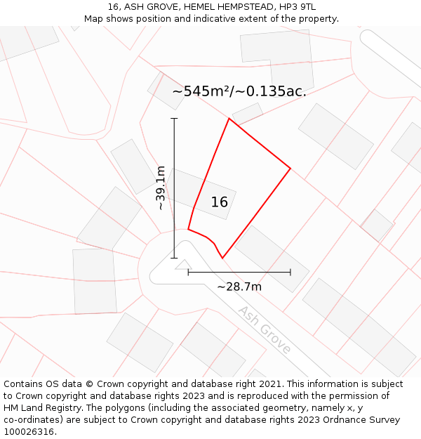 16, ASH GROVE, HEMEL HEMPSTEAD, HP3 9TL: Plot and title map