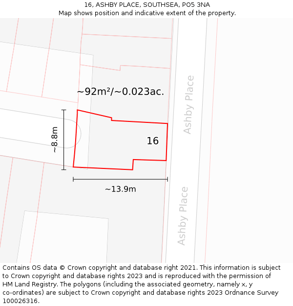 16, ASHBY PLACE, SOUTHSEA, PO5 3NA: Plot and title map