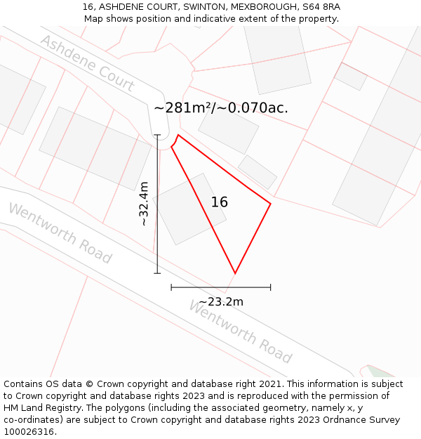 16, ASHDENE COURT, SWINTON, MEXBOROUGH, S64 8RA: Plot and title map