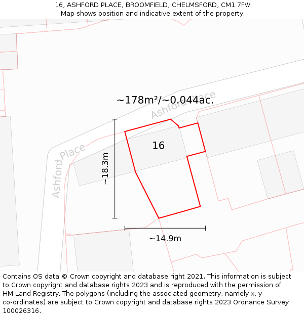 16, ASHFORD PLACE, BROOMFIELD, CHELMSFORD, CM1 7FW: Plot and title map