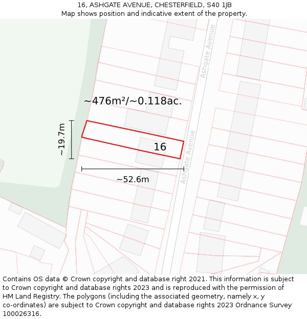 16, ASHGATE AVENUE, CHESTERFIELD, S40 1JB: Plot and title map