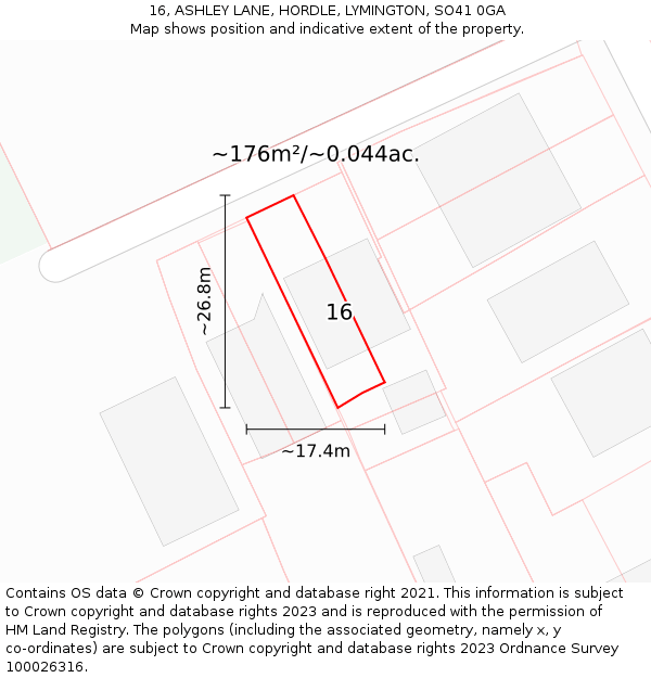 16, ASHLEY LANE, HORDLE, LYMINGTON, SO41 0GA: Plot and title map