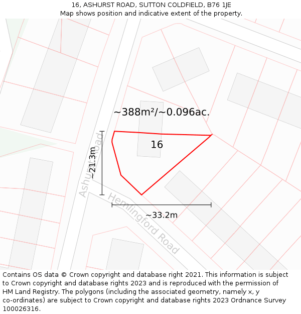 16, ASHURST ROAD, SUTTON COLDFIELD, B76 1JE: Plot and title map