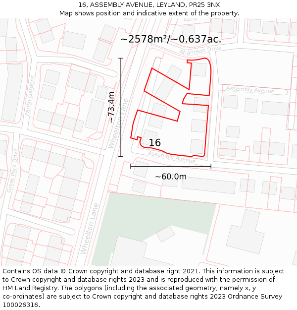 16, ASSEMBLY AVENUE, LEYLAND, PR25 3NX: Plot and title map