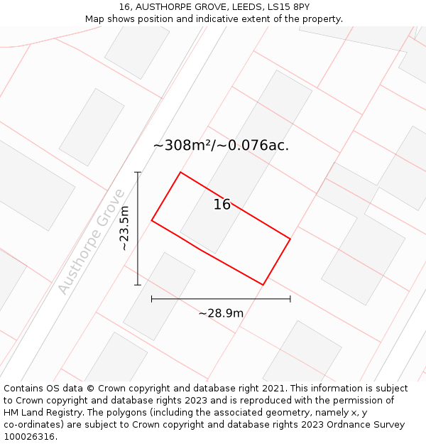 16, AUSTHORPE GROVE, LEEDS, LS15 8PY: Plot and title map