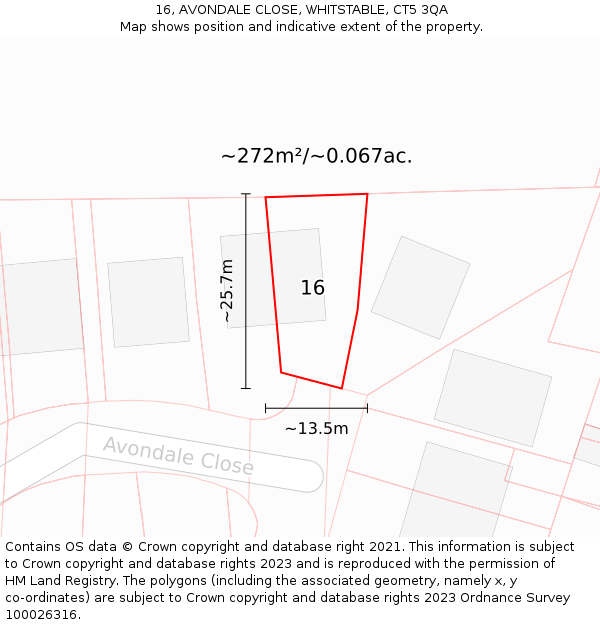 16, AVONDALE CLOSE, WHITSTABLE, CT5 3QA: Plot and title map