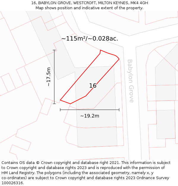 16, BABYLON GROVE, WESTCROFT, MILTON KEYNES, MK4 4GH: Plot and title map