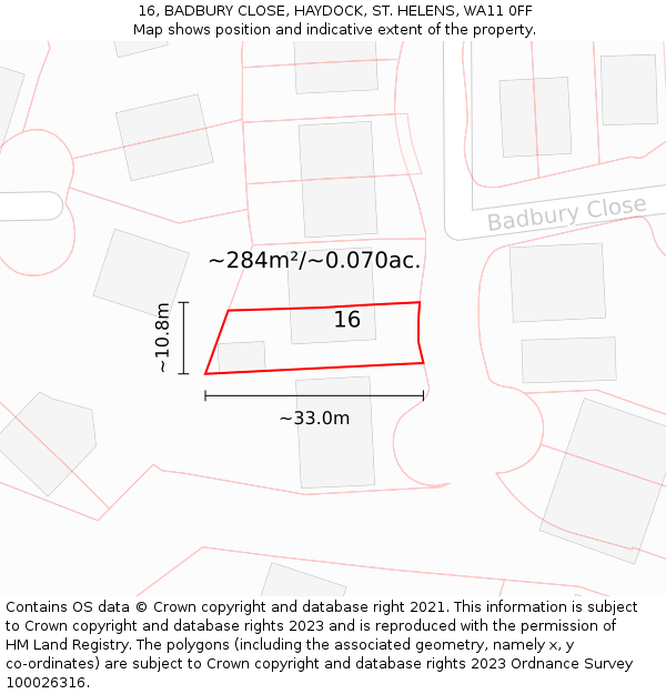 16, BADBURY CLOSE, HAYDOCK, ST. HELENS, WA11 0FF: Plot and title map